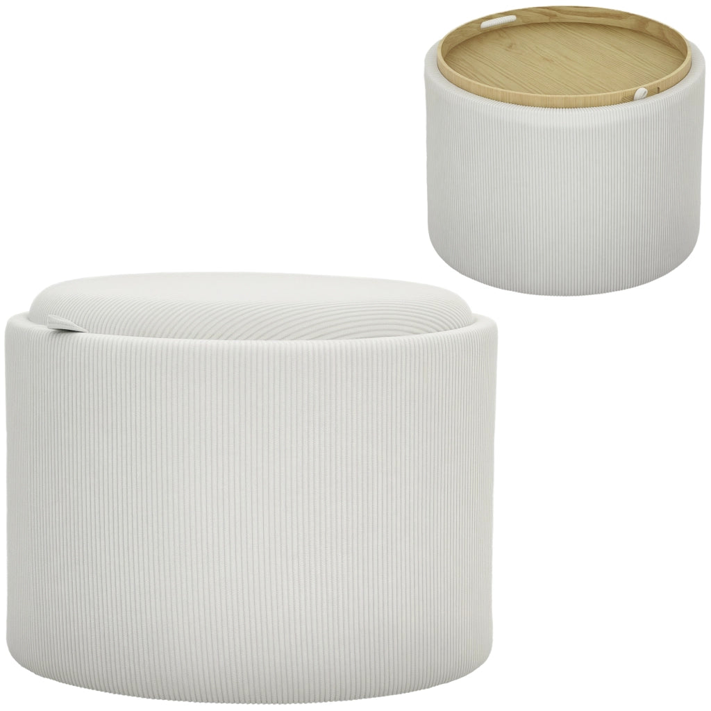 Pouf contenitore rotondo ¨C Xylo ¨C Tessuto a coste crema con vano portaoggetti