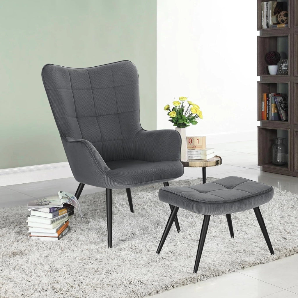 Poltrona Imbottita con Pouf Poggiapiedi Sedia Poltroncina Relax con Braccioli e Schienale Alto per Camera da Letto Salotto in Velluto, Grigio Scuro SKS28dgr