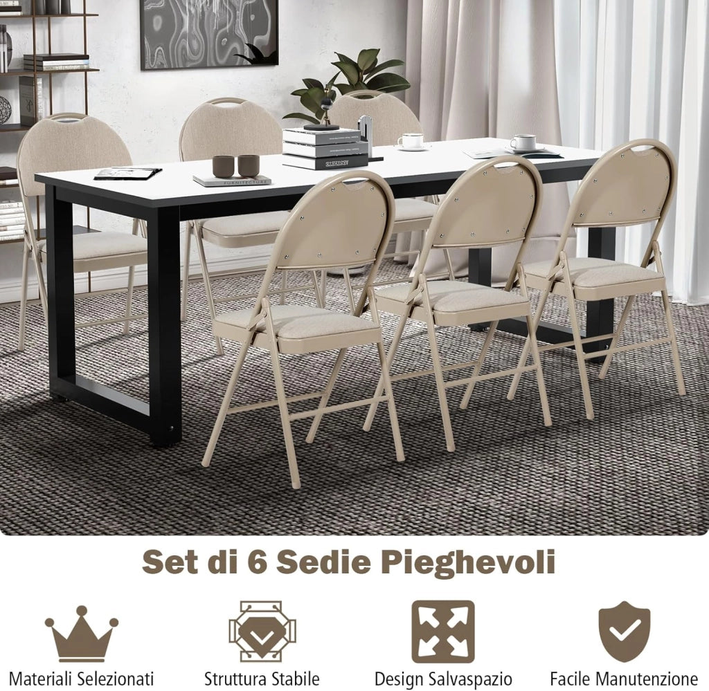 Set di 4 Sedie Pieghevoli, Sedie da Pranzo con Seduta Imbottita e Schienale Rivestito in Tessuto, con Gambe in Metallo, Sedia Portatile per Soggioro, Ufficio, Portata 120 kg (Beige)