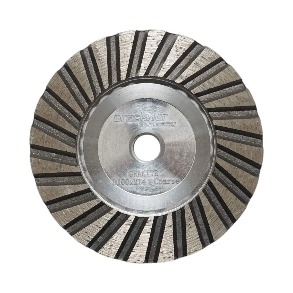 Disco diamantato a tazza segmentata turbo da 100 mm, filettatura M14, alluminio grezzo per la levigatura del granito Breckner Germany