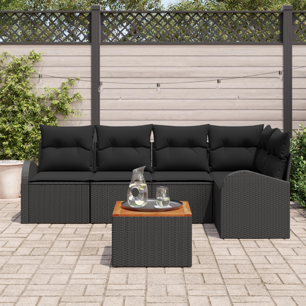 Set Divano da Giardino da 6 Pezzi con Cuscini Nero Polyrattan Acacia