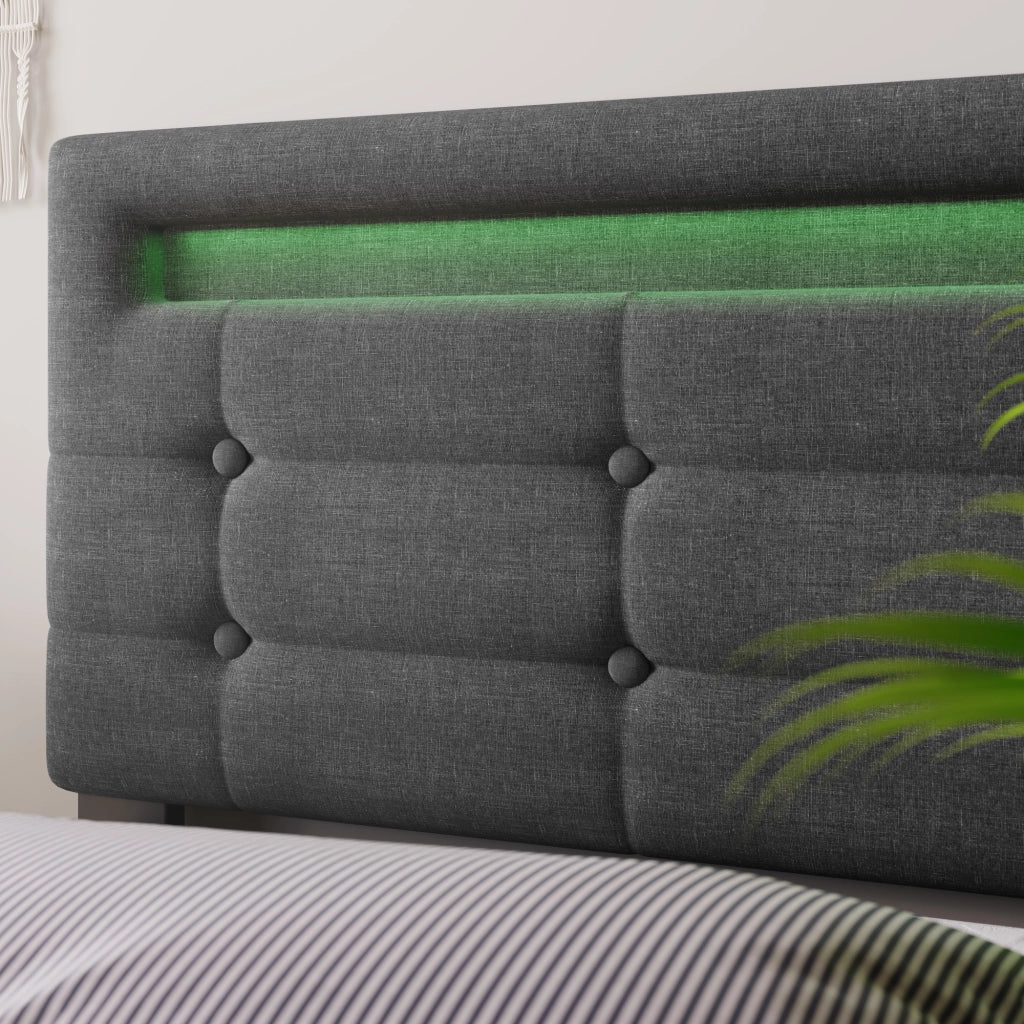 OKWISH Letto Singolo con 2 Cassetti, LED, Testiera Regolabile, 90×200 cm, senza Materasso, in Lino, Grigio