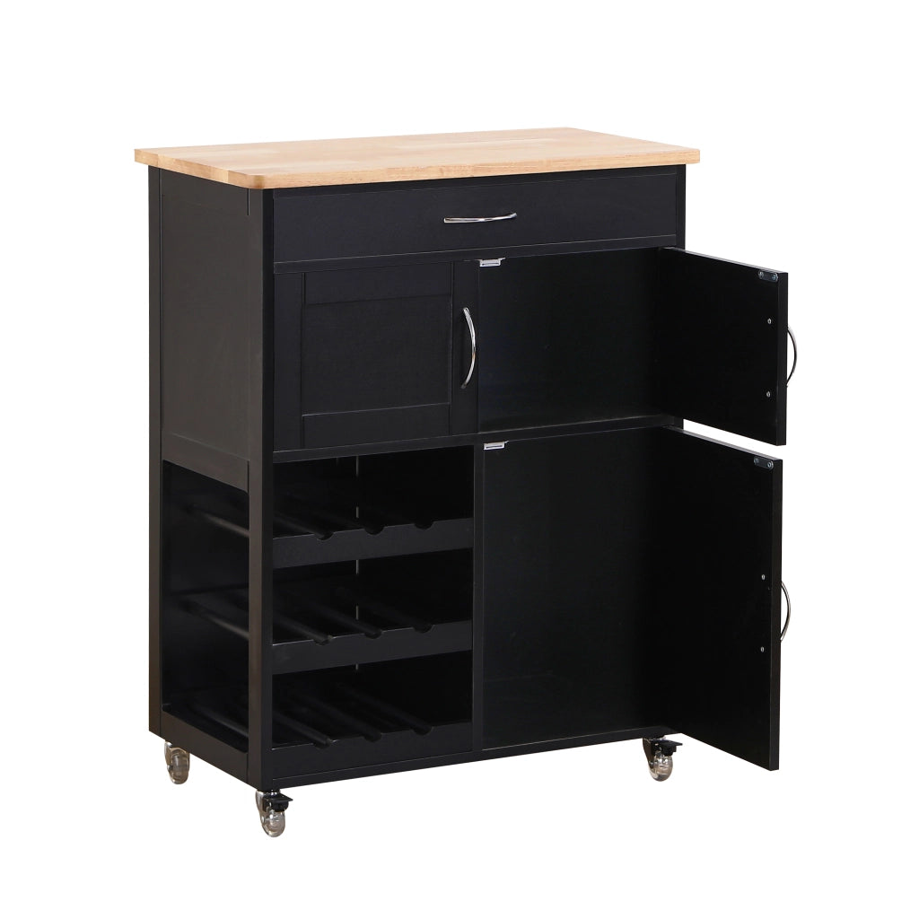 Mobiletto da cucina Febe con ruote in legno nero e top in rovere