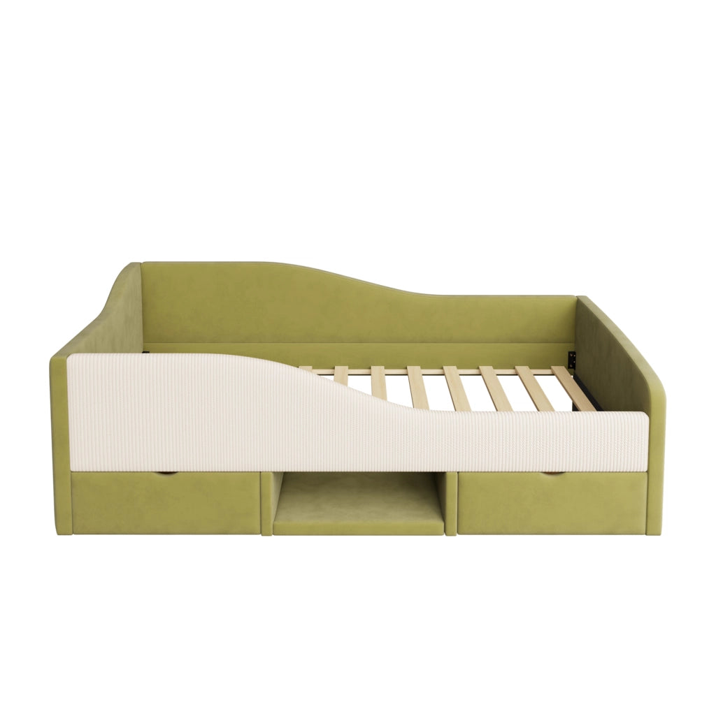 Letto imbottito 90x190 cm con sponde e contenitore in velluto verde e avorio