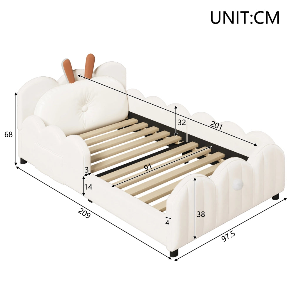 Letto 140x200 cm - Letto imbottito,Include un cuscino a forma di coniglio,Beige