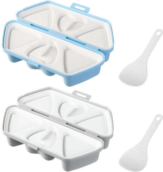 Set di contenitori per riso per bambini, comprensivo di contenitore per riso e cucchiaio, ideale per scatola di pranzo e bento, disegno grigio e blu, set a due pezzi con contenitori a forma di triangolo.