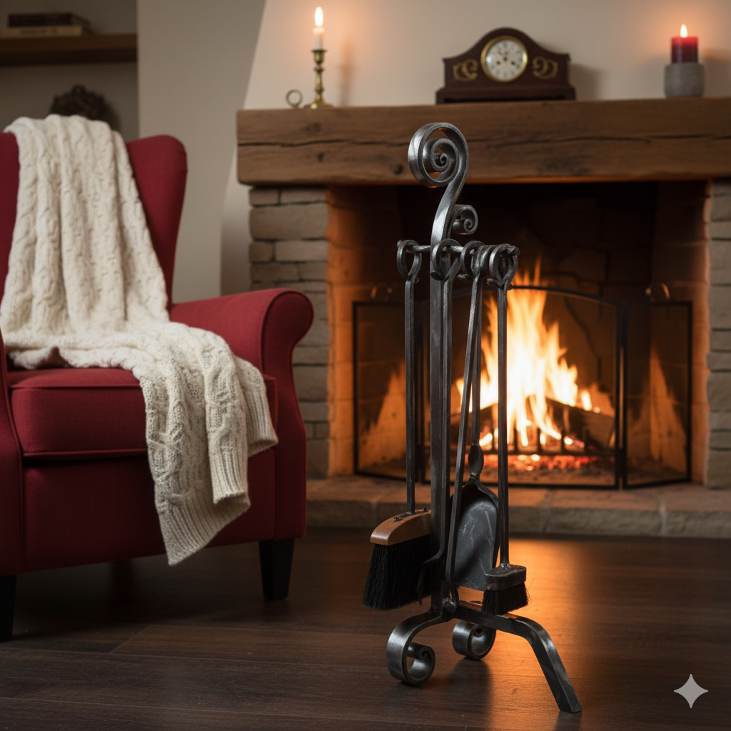 Set Camino 4 Pezzi con Spirale decorativa Forgiato a mano in Ferro Molato