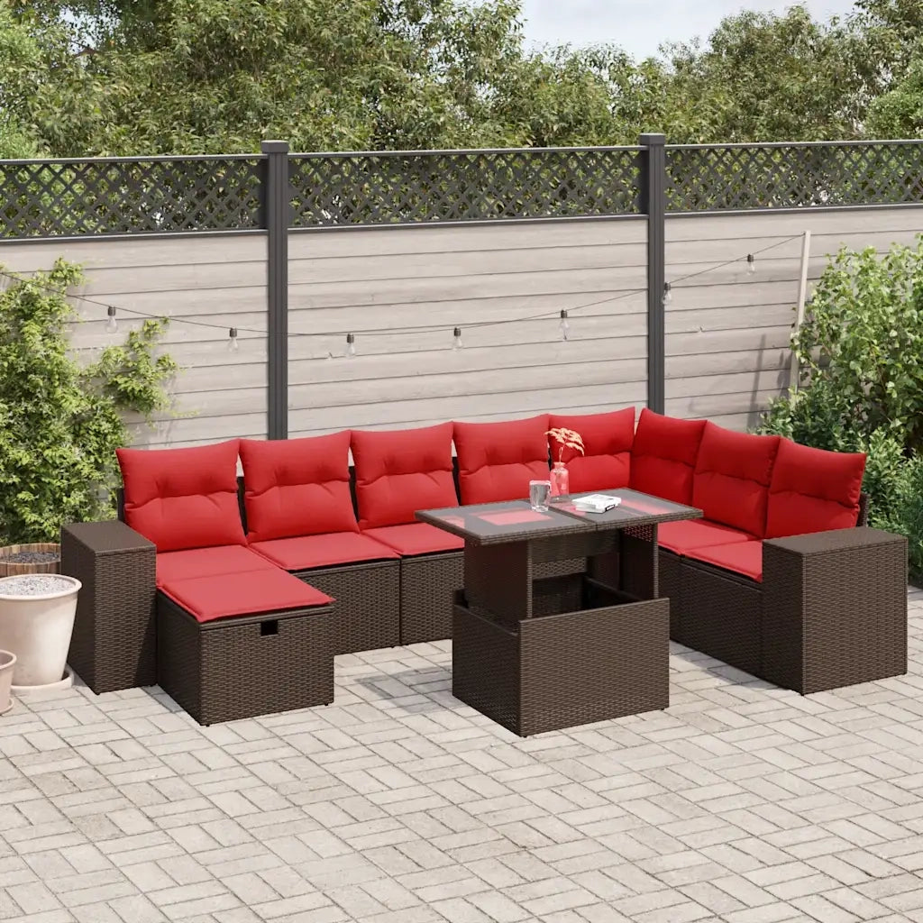 Set Divani da Giardino 9 pz con Cuscini Marrone in Polyrattan 3275354