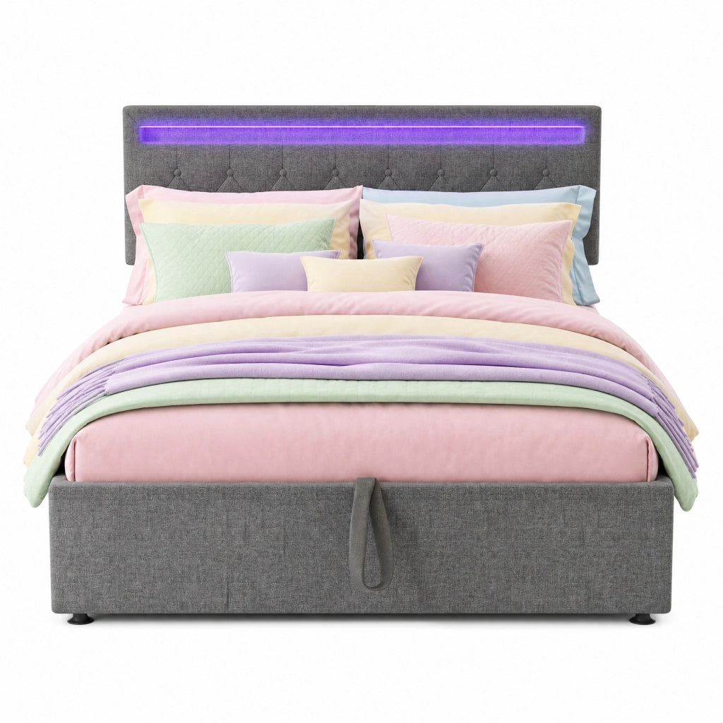 Letto imbottito 140x200 cm con contenitore; LED APP; USB e Type-C; lino e MDF; grigio