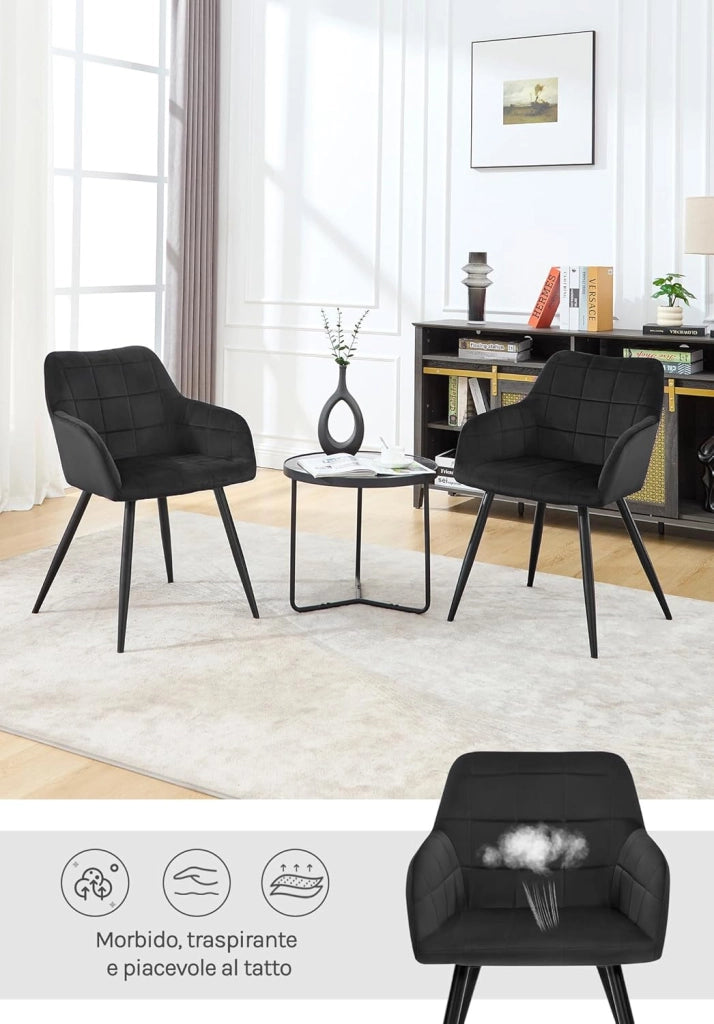 Sedia per Sala da Pranzo Imbottita, Poltroncina in Velluto,Sedia da Cucina con Braccioli e Schienale, Gambe in Metallo, moderne,Nero, BH93sz-1