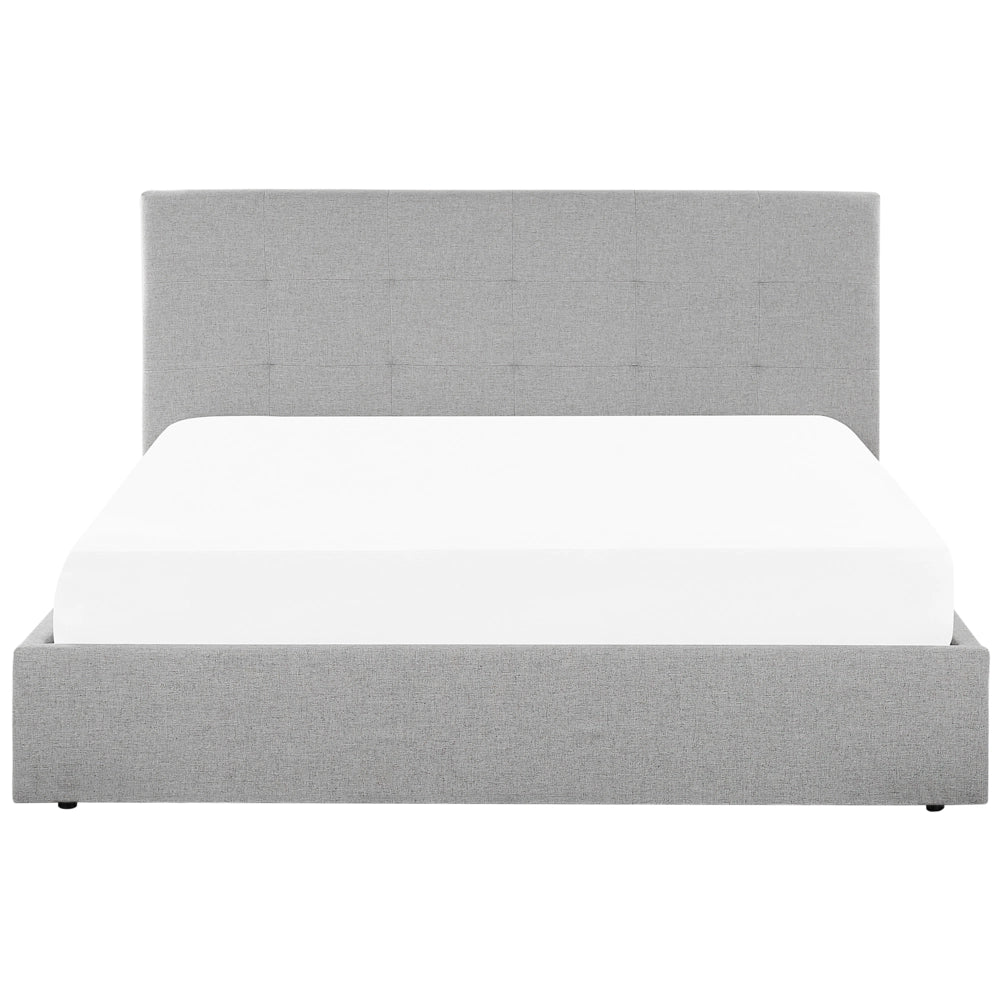Letto matrimoniale con contenitore portaoggetti e testiera imbottita 160x200 cm in tessuto grigio