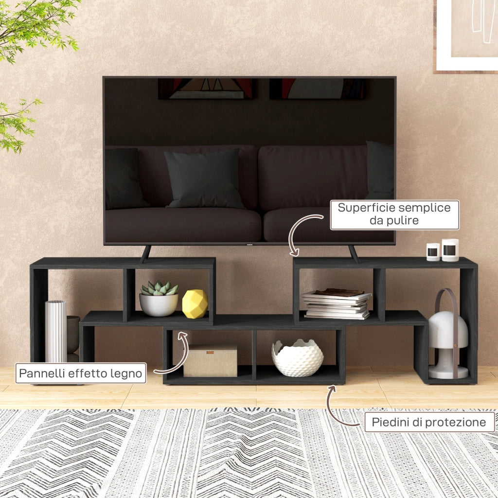 Mobile TV Modulabile 75" Max 134-180x30,5x44 cm con 2 Ripiani a L e Mensola Rettangolare in Legno Nero
