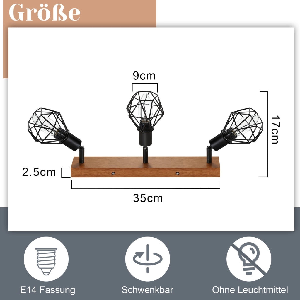 ZMH Faretto da soffitto legno nero 3 luci metallo rotanti 350° stile retrò max 25W per sale pranzo senza lampadina