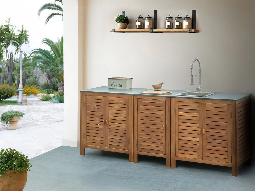 Cucina da giardino in legno di acacia 3 elementi con anta e ripiani Piano in acciaio con lavello e rubinetto Marrone e argento