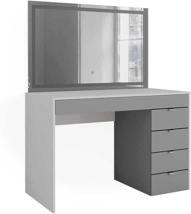 Tavolo da toeletta Elise, Bianco/grigio/grigio, 115 cm con specchio a LED, con illuminazione LED e grande specchio per applicazioni di trucco