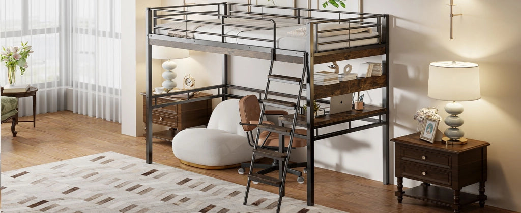 DESMIU Letto a soppalco singolo con scrivania, scaffali e scala 90 × 200 cm, senza materasso, in metallo, nero