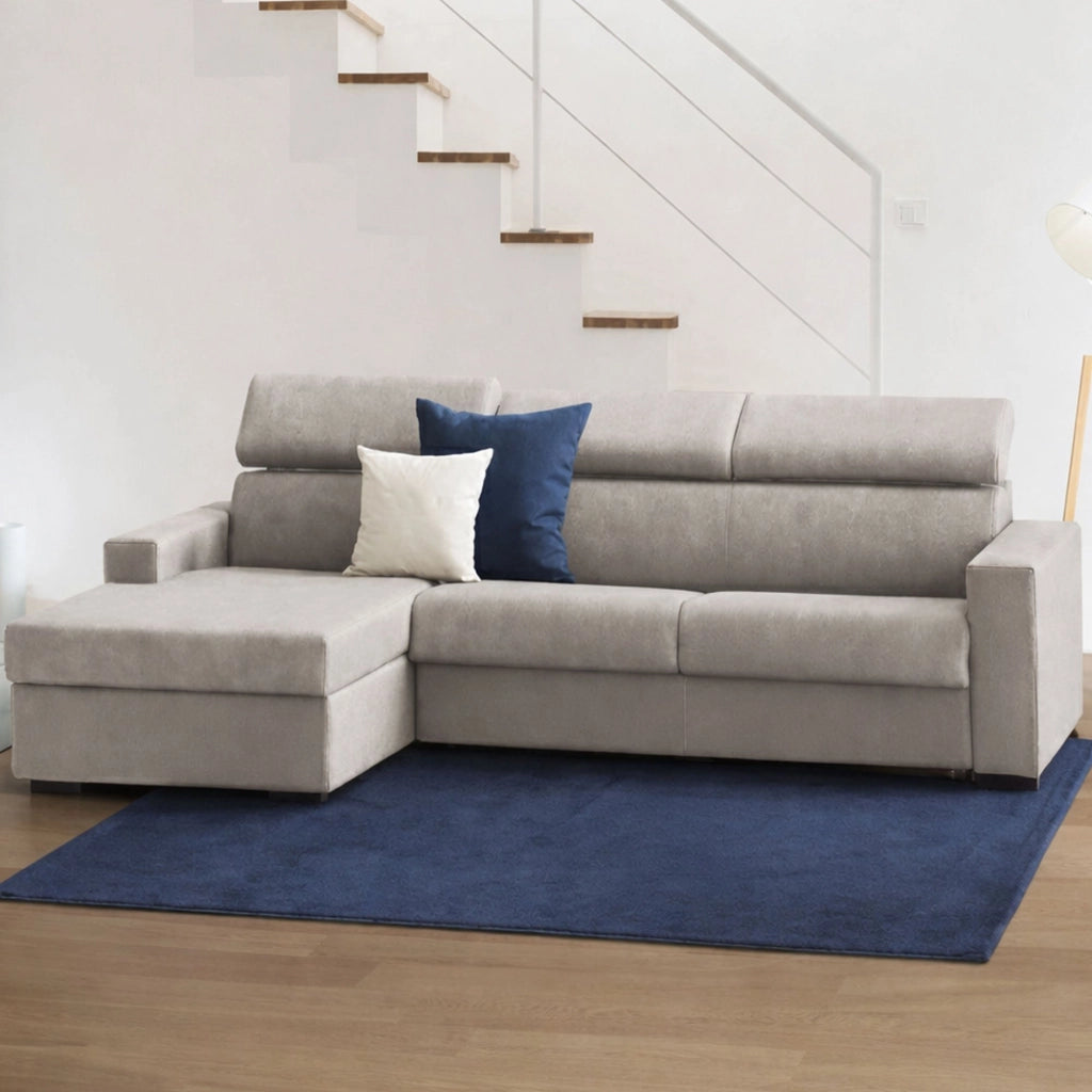 Divano fisso Aryaly, Divano ad angolo, Made in Italy, SofÒ  Soggiorno con chaise longue, in tessuto imbottito - Penisola contenitore Sinistra, con Braccioli slim, cm 280x95h85, Tortora