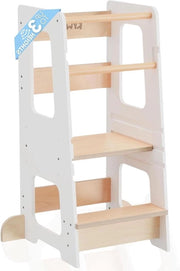 Leertorre in Legno con 3 Posizioni di Altezza, Doppia Barriera di Protezione, Adesivi Antiscivolo e Antivento - Leertorre per Bambini di 3 anni (Bianco)