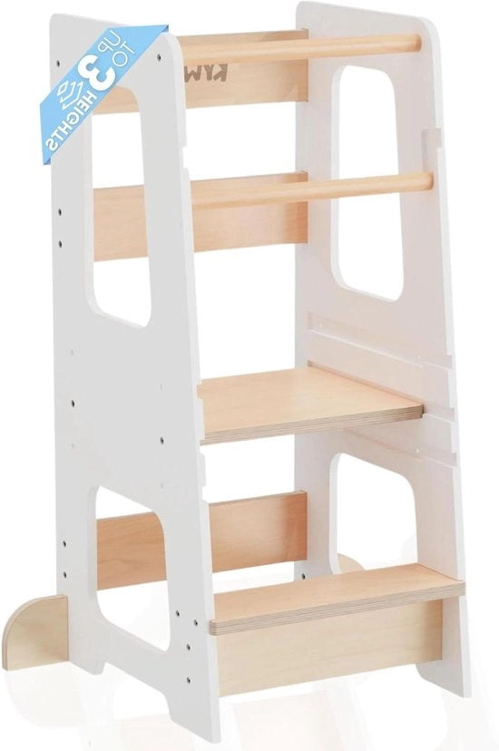 Leertorre in Legno con 3 Posizioni di Altezza, Doppia Barriera di Protezione, Adesivi Antiscivolo e Antivento - Leertorre per Bambini di 3 anni (Bianco)