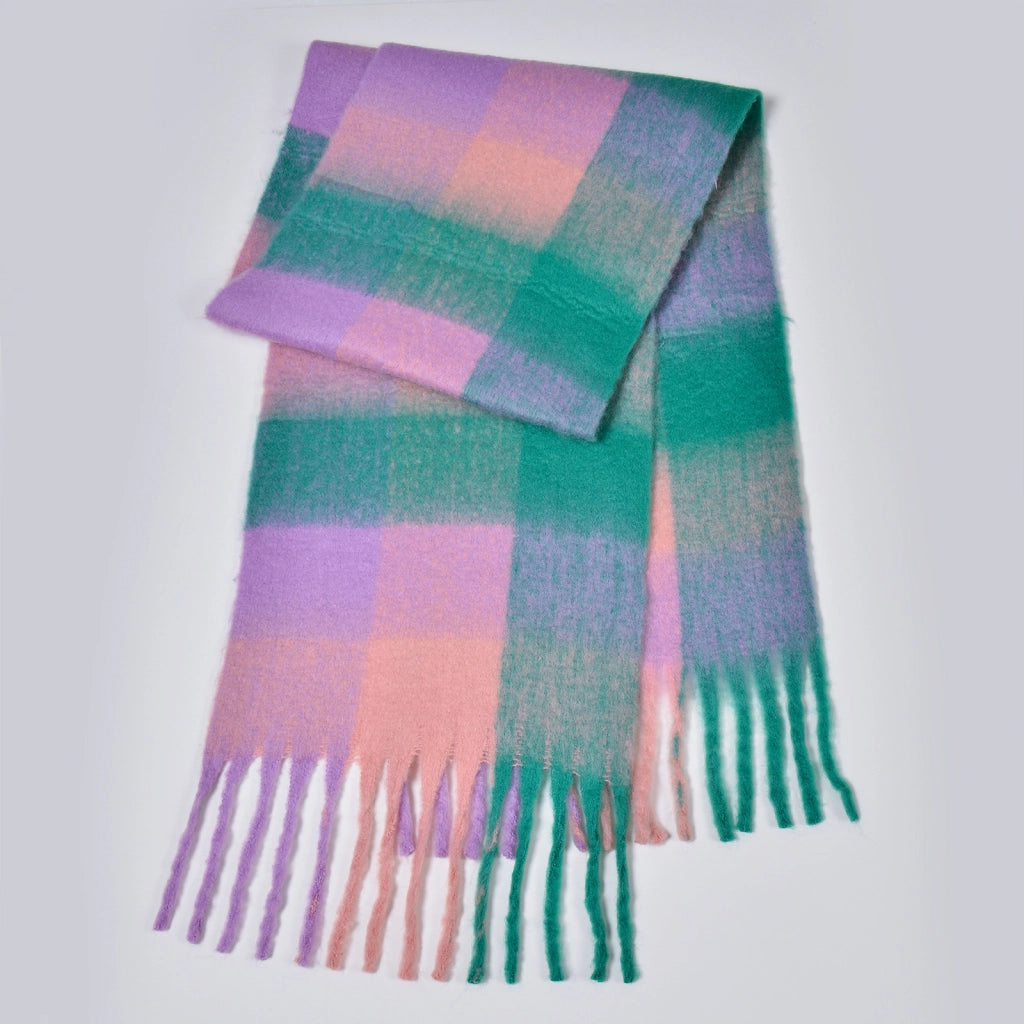 Nuova sciarpa a quadri arcobaleno, elegante, spessa, calda, lunga sciarpa a quadri con nappe