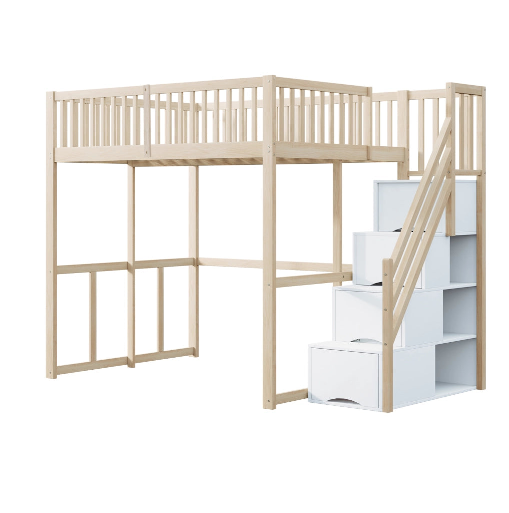 Letto a soppalco 140x200 cm in legno con scala contenitore e protezione