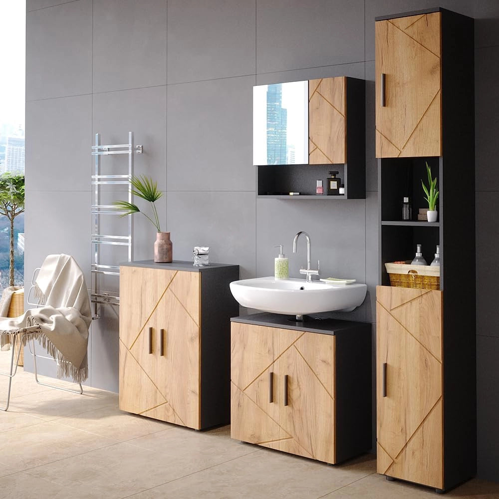 Set di mobili da bagno Irma, Quercia dorata/antracite, 2 parti, con colonna, composto da mobile sottolavabo e colonna alta