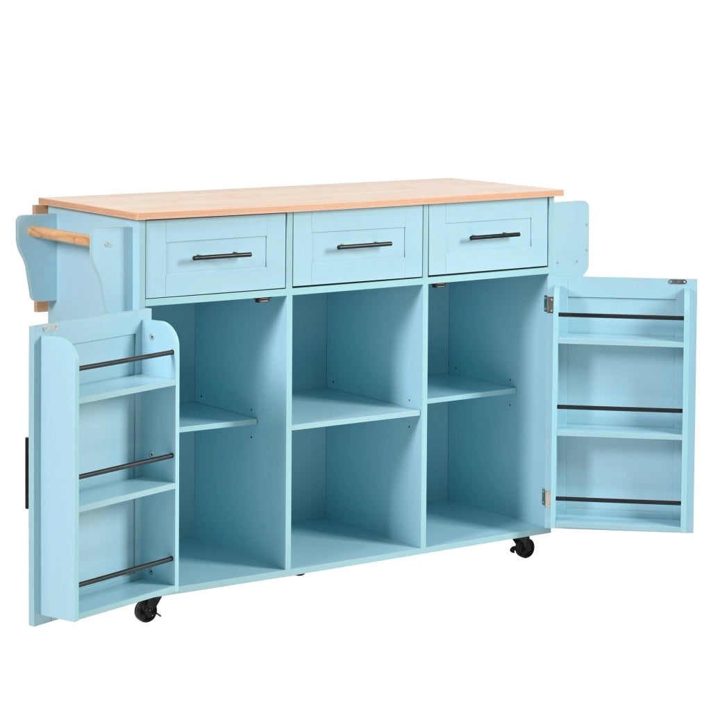 Isola da Cucina Mobile 139x46/71x91;5 cm Blu con Piano Ribaltabile; 3 Cassetti; Ruote e Gambe in Legno
