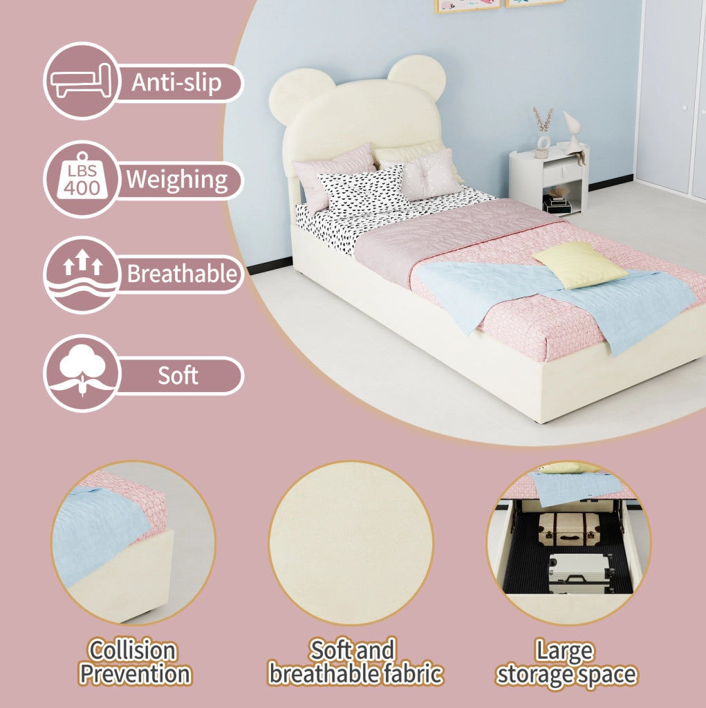 Letto imbottito 90 x 200 cm con vano contenitore a sollevamento pneumatico; beige