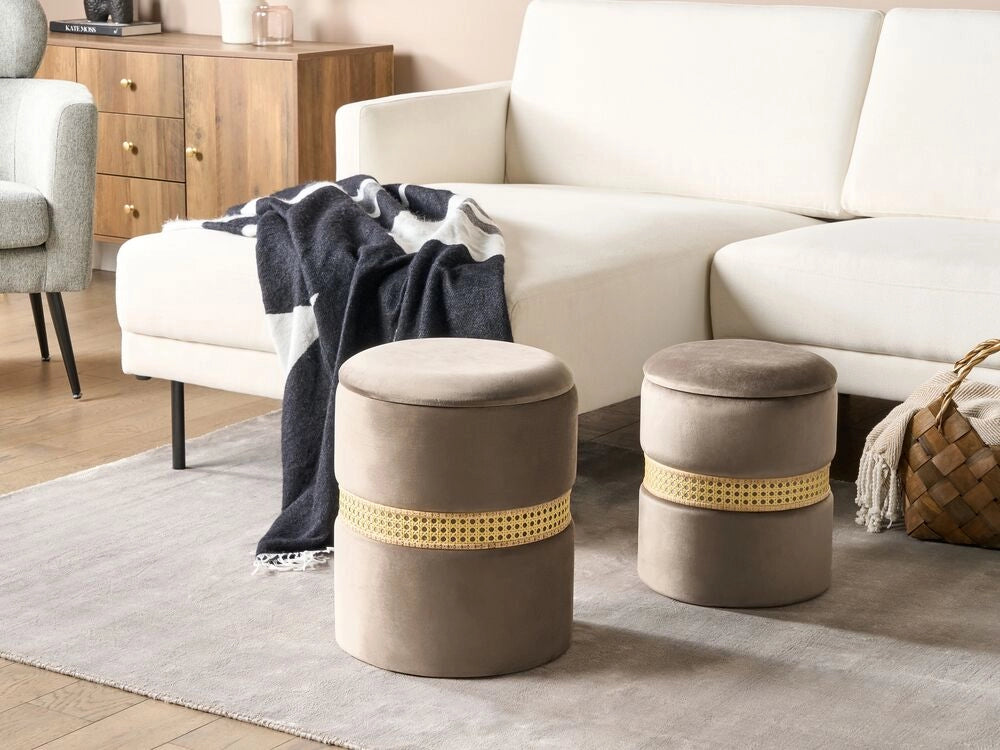 Set di 2 pouf in velluto tortora e rattan stile boho contemporaneo camera da letto