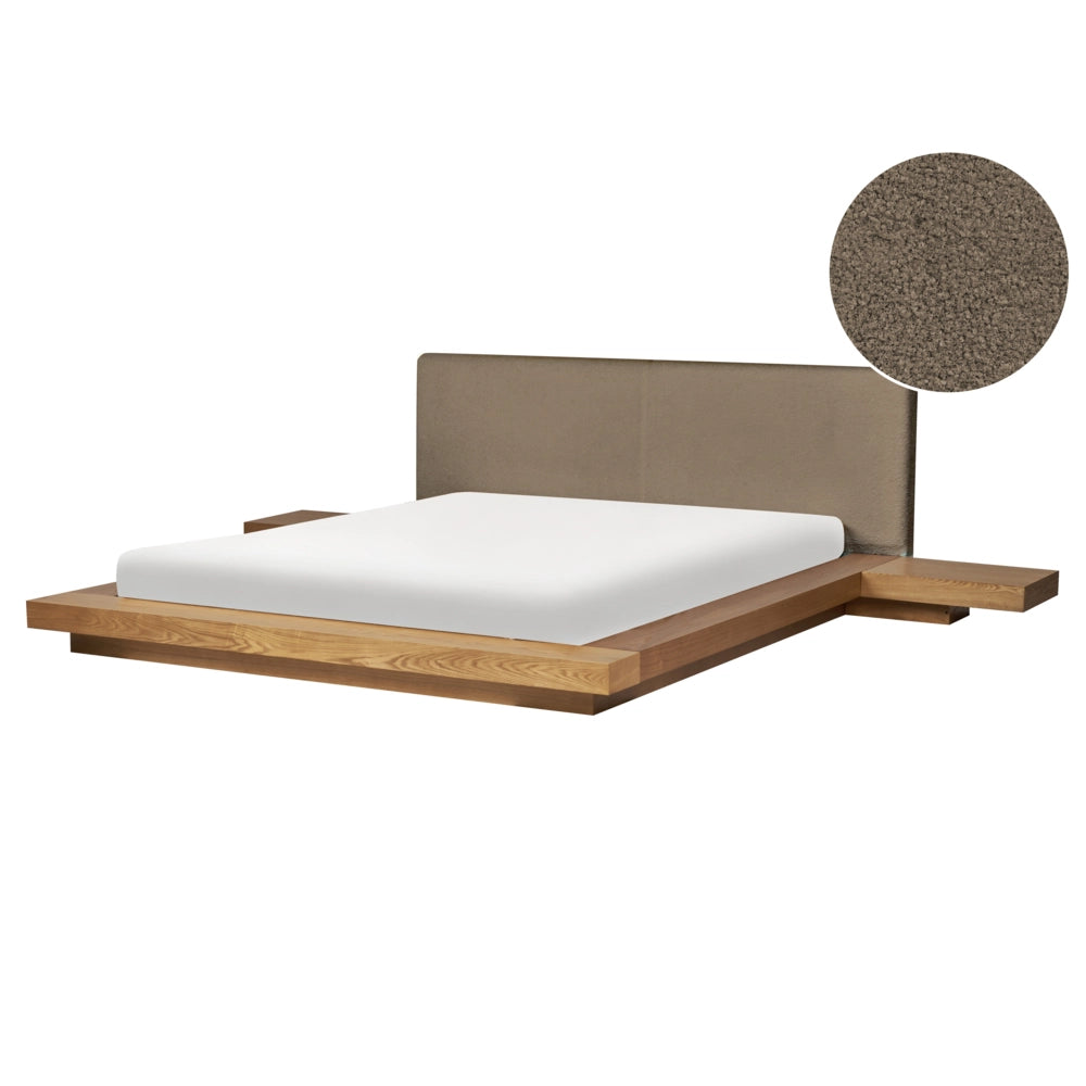 Letto in stile giapponese in frassino naturale 160 x 200 cm con testiera bassa in bouclé e impiallacciatura per camera da letto
