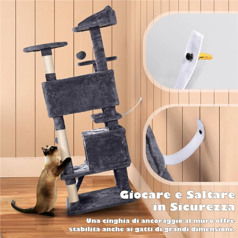 Yaheetech Albero Tiragraffi per Gatti 139 cm con 3 Pali Graffiatoi 3 Posatoi 2 Grotta 2 Pompon in Peluche a Più Livelli Giocattolo Gioco Grigio Scuro