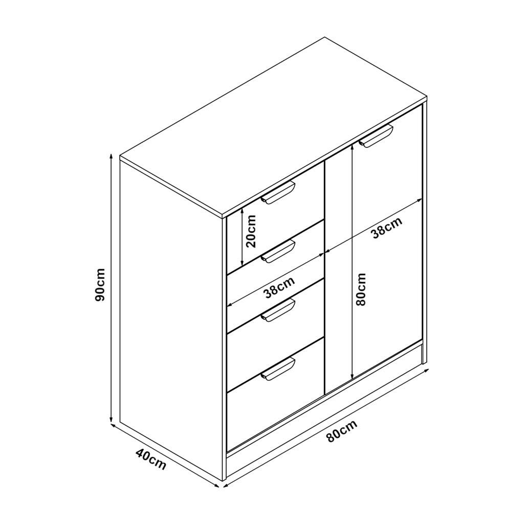 Comò Varkaus con 4 Cassetti e Anta- Effetto Rovere / Bianco [en.casa]