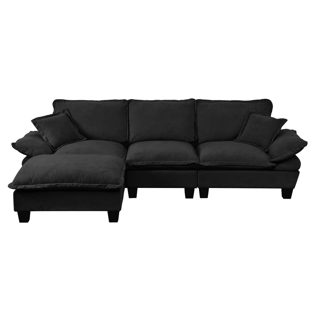 Divano angolare modulare a L 263x155x90 cm in ciniglia nera con pouf mobile