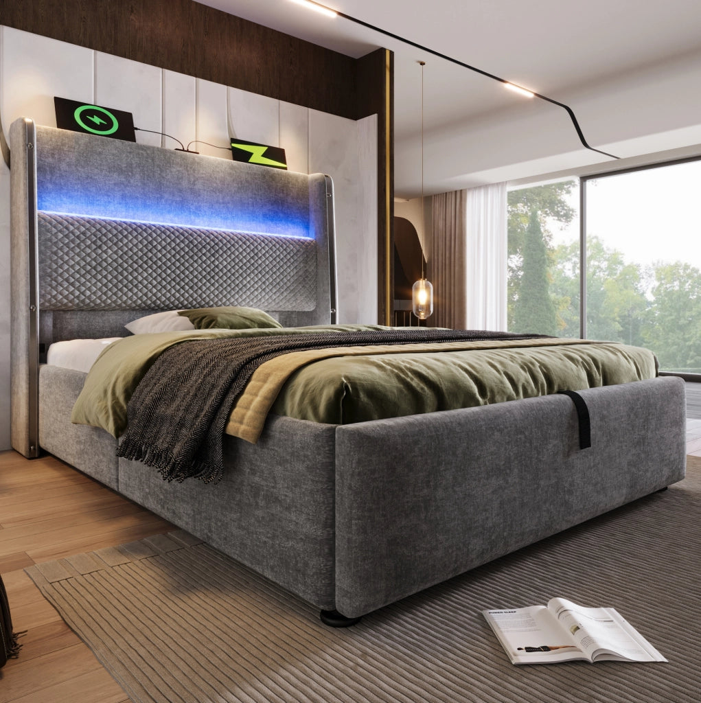 Letto singolo 90x200 cm con contenitore; LED; USB Type-C e materasso H3 in lino grigio