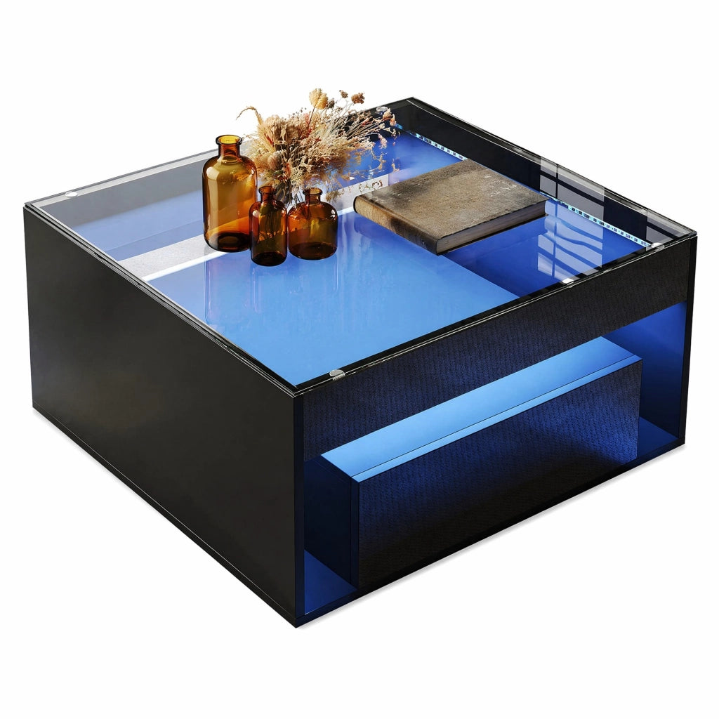 Tavolino da caffè 70 x 70 x 35 cm con 2 cassetti; piano in vetro temperato; nero