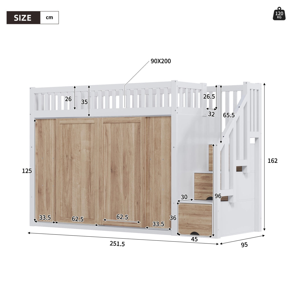 LETTO a soppalco 90x200 cm con armadio e scala, Bianco e Rovere