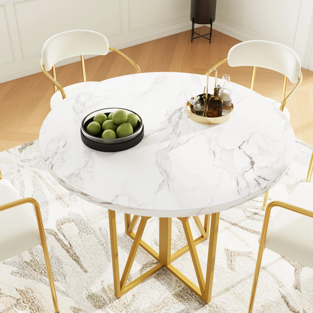 Tavolo da Pranzo Rotondo per 4 Persone con Piedini Regolabili; Piano in MDF Effetto Marmo; Metallo Oro 80 x 80 x 76 cm