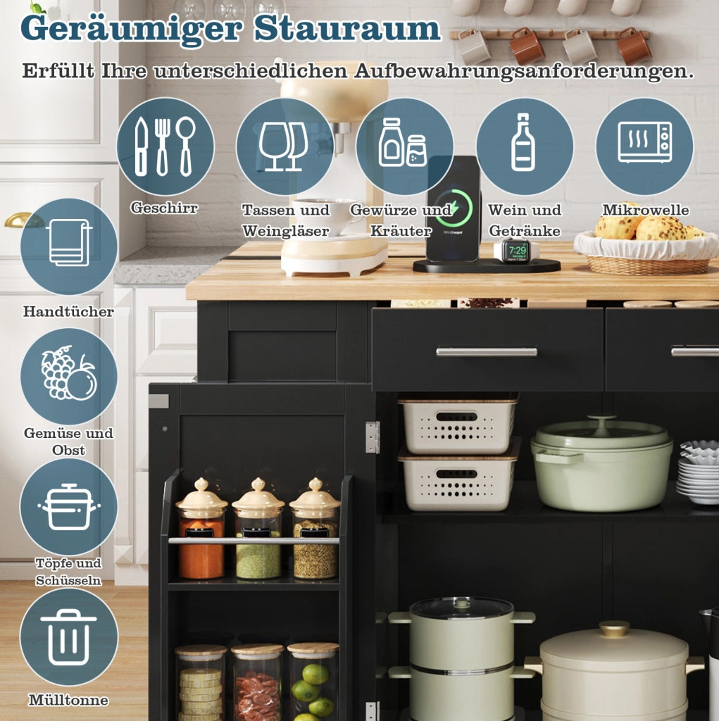 Isola cucina 138 cm con piano ribaltabile; ruote; presa EU; USB e Type-C; MDF nero effetto legno