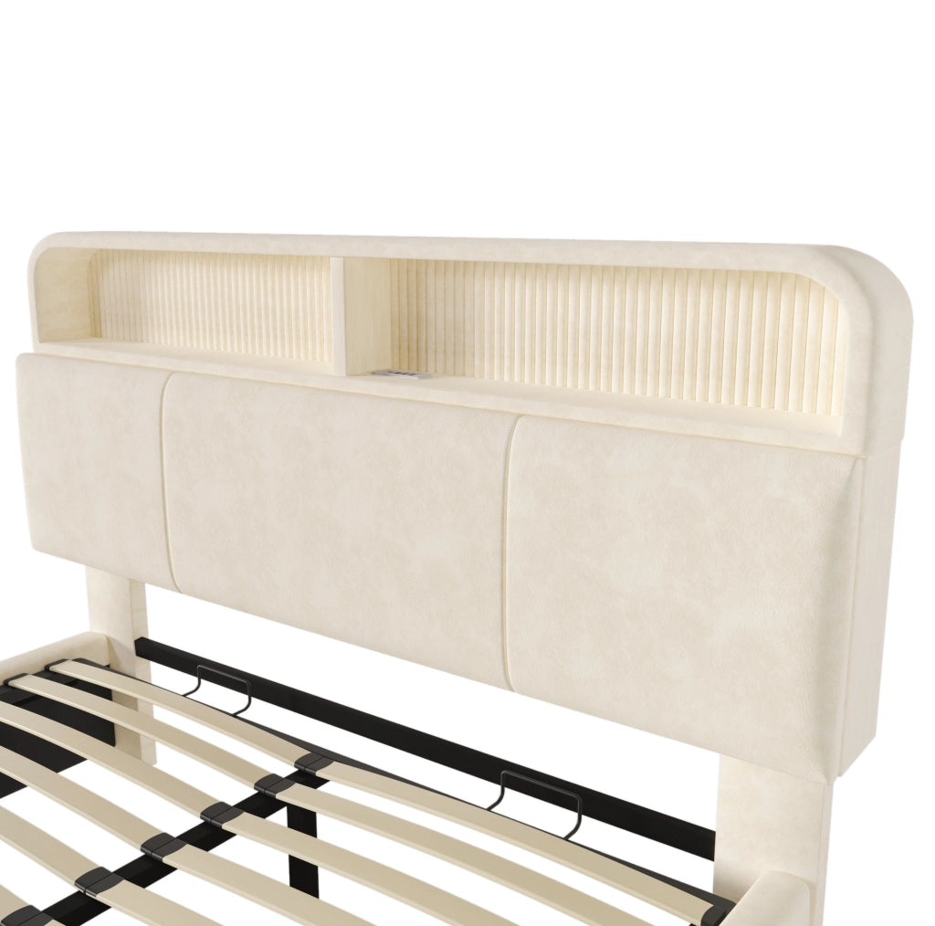 Letto matrimoniale 140x190 cm con testiera regolabile, LED e vano contenitore