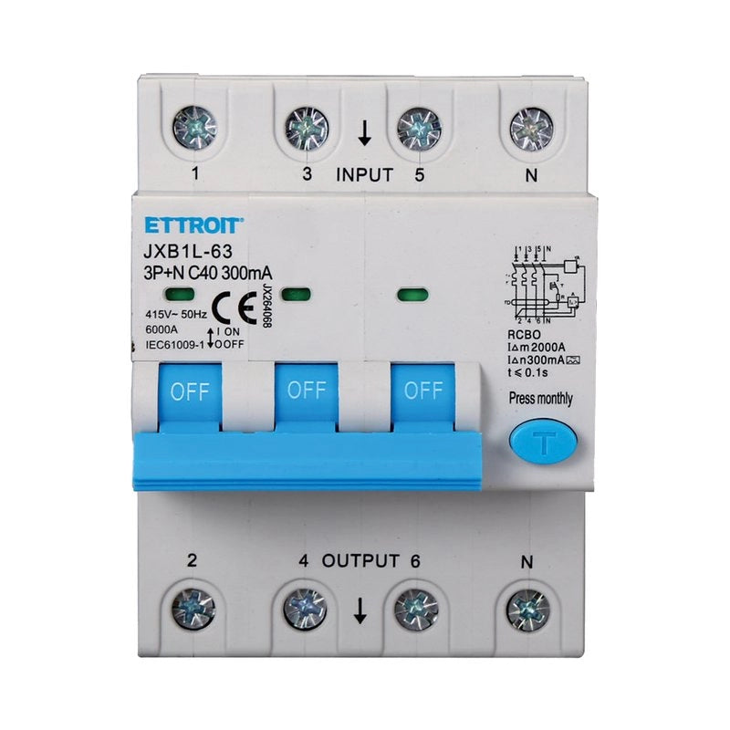 RCBO Interruttore Magnetotermico Differenziale Tipo A Curva C 3P+N 4M 6000A 300mA C40A AC 400V IP20 IEC61009-1