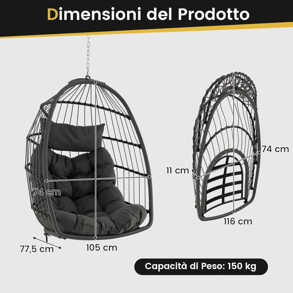 Sedia Sospesa a Uovo, Sedia Amaca con Cuscino per Testa e Seduta, Sedia a Dondolo in Vimini da Interno/Esterno, Design Pieghevole Salvaspazio, Capacità 150 kg