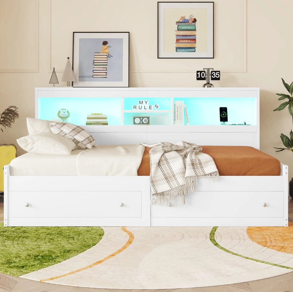 Divano letto 90x200 cm con LED e USB; prese e 2 cassetti truciolare bianco (Senza materasso)