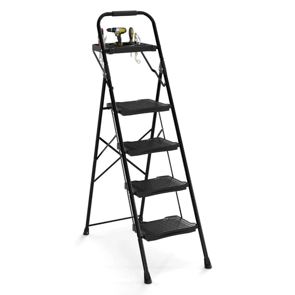 Scala a pioli a 4 gradini 88 x 45 x 148 cm sicura con vassoio portautensili pieghevole in metallo nera 20_0017362
