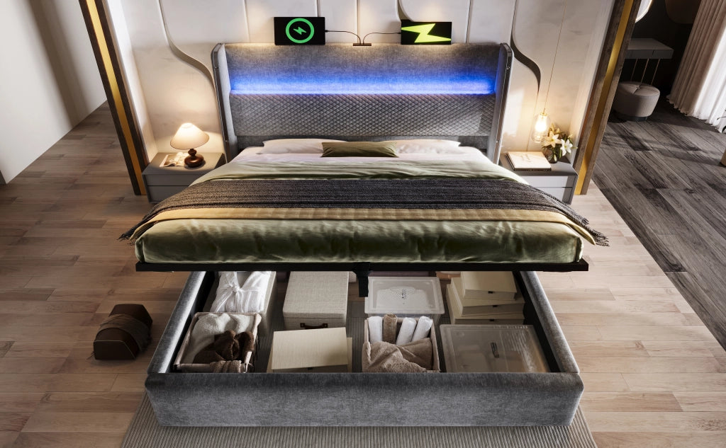 DESMIU Letto contenitore 140 × 200 cm 2 posti con LED, USB e Type-C, senza materasso, in lino, grigio