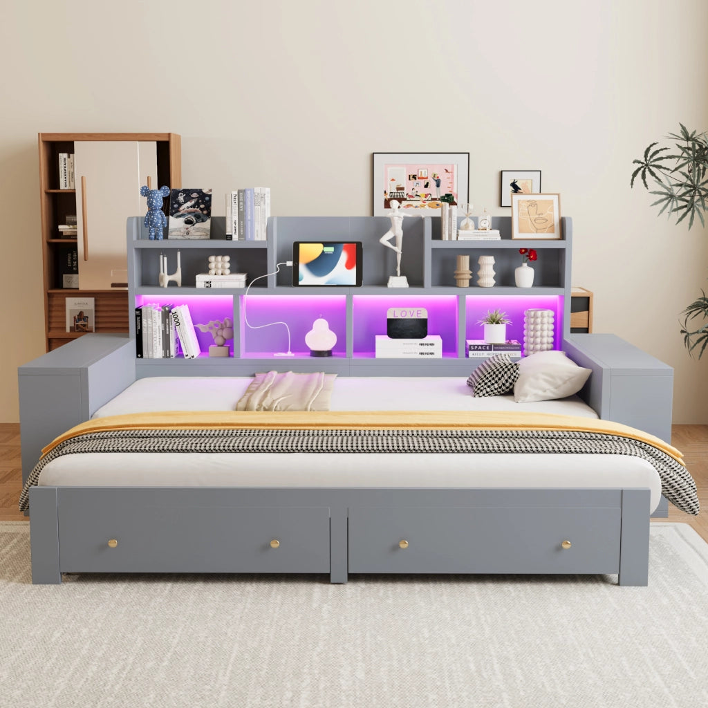 Divano letto estraibile 90x200 cm con vani portaoggetti; LED e prese grigio