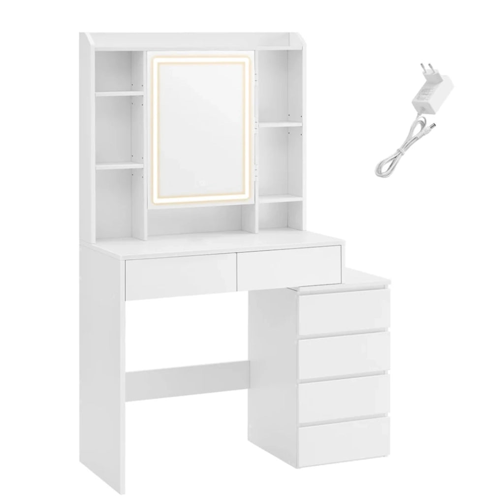 Toletta con grande specchio LED e luminosità regolabile 40 x 97,5 x 145 cm con specchio scomparti a giorno ripiani regolabili bianco moderno 12_0005175