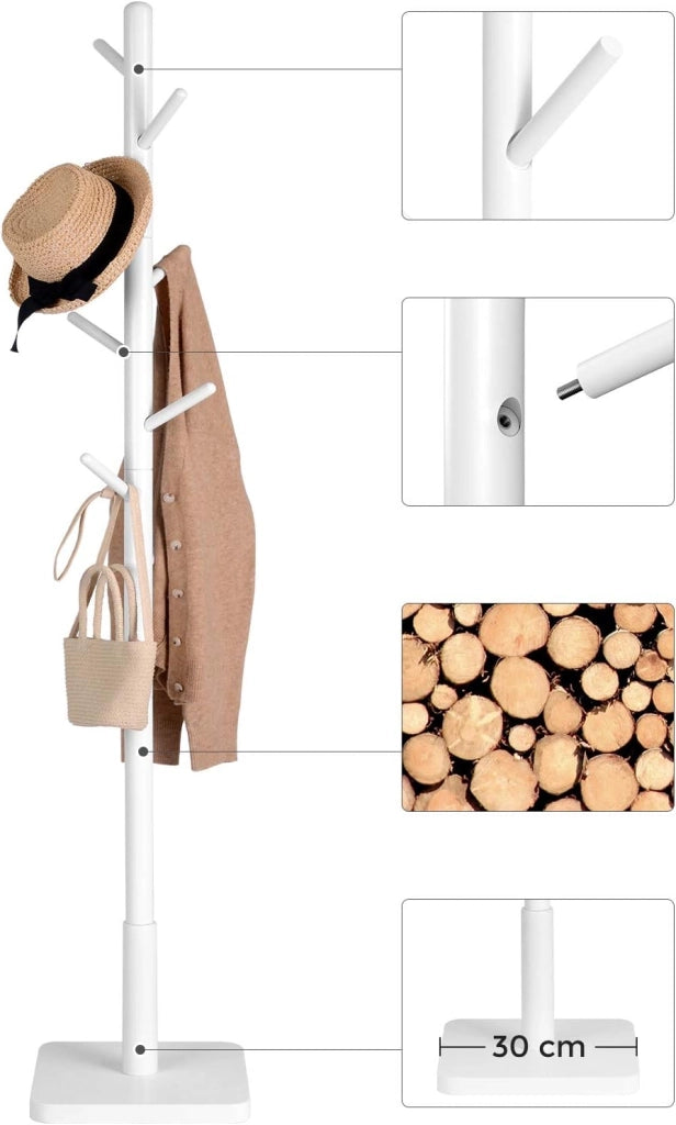VASAGLE Attaccapanni, Set da 2, Appendiabiti da Terra in Legno, 8 Ganci, per Cappotti Cappelli Borse, per Ingresso, Ganci e Palo in Legno di Gomma, Bianco Nuvola RCR210W02