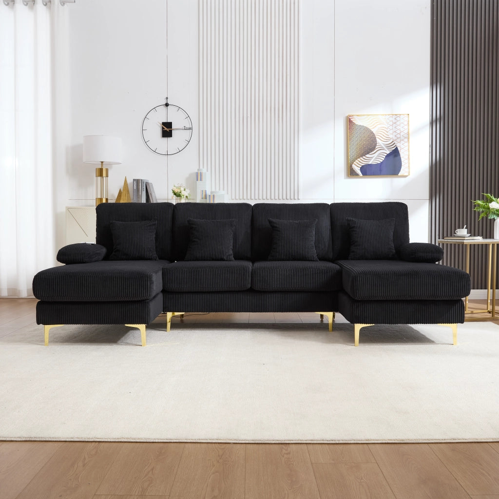 OKWISH Divano Panoramico a U, Porta USB e Illuminazione LED, Schienale Ergonomico, Cuscini Imbottiti, Velluto Nero