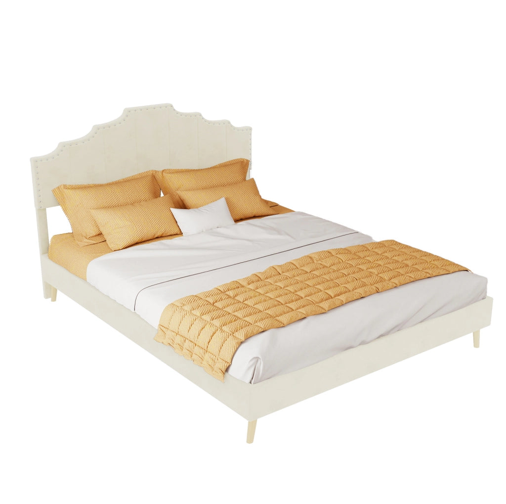 Letto imbottito con rete a doghe e materasso 140 x 200 cm in tessuto beige