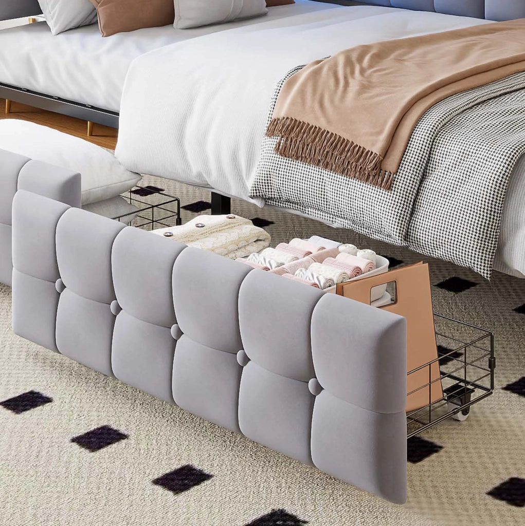 Divano letto 90x200 cm con 2 cassetti, LED, USB e USB-C in velluto grigio